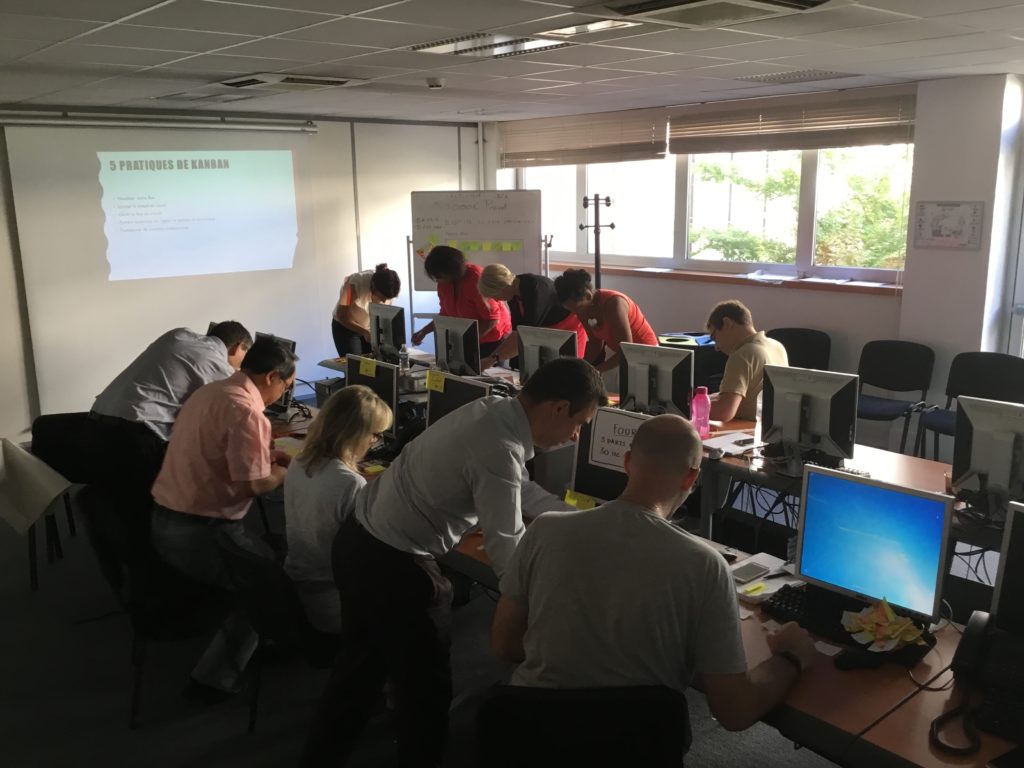 Équipe travaillant sur son flux en formation Kanban